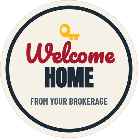 Sticker template, welcome home seal, reading "Welcome", "HOME" and "FROM YOUR BROKERAGE", in navy and cream