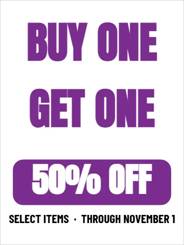 Styrene sign template, buy one, get one, reading "BUY ONE", "GET ONE" and "50% OFF", in purple and white