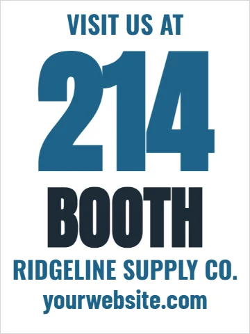 Styrene sign template, trade show booth number, reading "214", "BOOTH" and "yourwebsite.com", in white