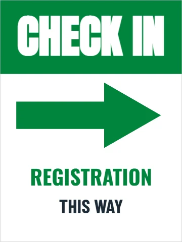 Styrene sign template, check in, this way, reading "CHECK IN", "REGISTRATION" and "THIS WAY", in green and white