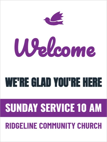 Styrene sign template, church welcome, reading "Welcome", "WE'RE GLAD YOU'RE HERE" and "SUNDAY SERVICE 10 AM", in purple and white