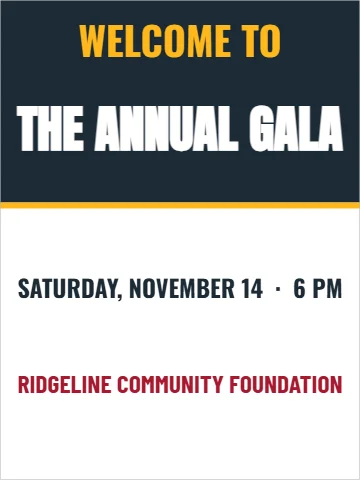 Styrene sign template, event welcome, easel, reading "WELCOME TO", "THE ANNUAL GALA" and "SATURDAY, NOVEMBER 14 · 6 PM", in navy and white