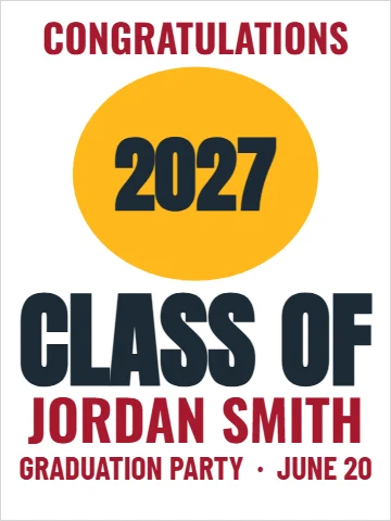Styrene sign template, graduation party, reading "2027", "CLASS OF" and "JORDAN SMITH", in gold and white