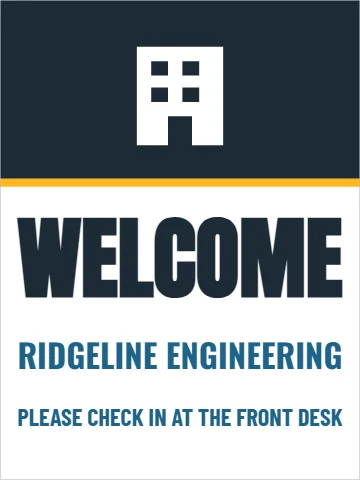 Styrene sign template, lobby welcome, reading "WELCOME", "RIDGELINE ENGINEERING" and "PLEASE CHECK IN AT THE FRONT DESK", in navy and white