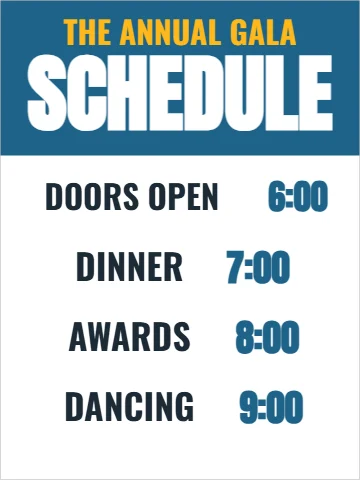 Styrene sign template, event schedule, reading "SCHEDULE", "DINNER" and "AWARDS", in steel blue and white