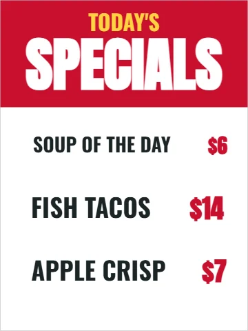 Styrene sign template, today's specials, reading "SPECIALS", "$14" and "$7", in red and white