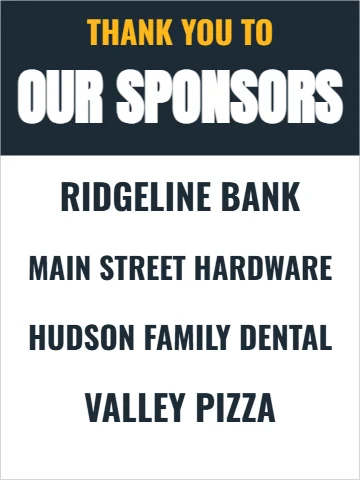 Styrene sign template, thank you to our sponsors, reading "OUR SPONSORS", "RIDGELINE BANK" and "VALLEY PIZZA", in navy and white
