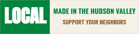 Styrene sign template, shelf strip, made locally, reading "MADE IN THE HUDSON VALLEY", "LOCAL" and "SUPPORT YOUR NEIGHBORS", in green and cream