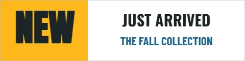 Styrene sign template, shelf strip, new, reading "JUST ARRIVED", "NEW" and "THE FALL COLLECTION", in gold and white