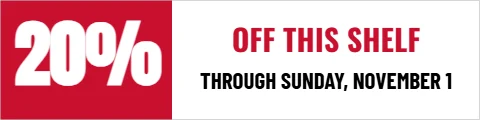 Styrene sign template, shelf strip, sale, reading "OFF THIS SHELF", "20%" and "THROUGH SUNDAY, NOVEMBER 1", in red and white