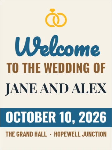 Styrene sign template, wedding welcome, script, reading "Welcome", "JANE AND ALEX" and "OCTOBER 10, 2026", in steel blue and cream
