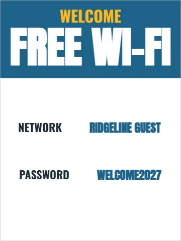 Styrene sign template, free Wi-Fi, reading "WELCOME", "FREE WI-FI" and "WELCOME2027", in steel blue and white
