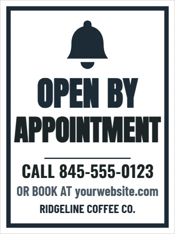 Styrene sign template, open by appointment, reading "OPEN BY", "APPOINTMENT" and "CALL 845-555-0123", in white