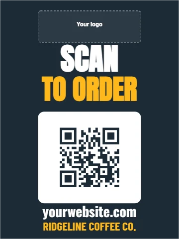 Styrene sign template, scan to order, reading "SCAN", "TO ORDER" and "yourwebsite.com", in white and navy, with a space for your logo and a QR code