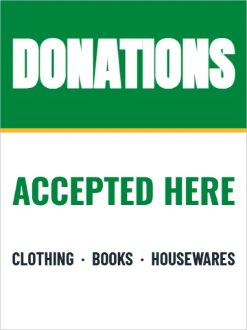 Styrene sign template, donations accepted, reading "DONATIONS", "ACCEPTED HERE" and "CLOTHING · BOOKS · HOUSEWARES", in green and white