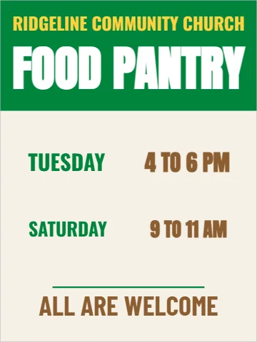 Styrene sign template, food pantry hours, reading "FOOD PANTRY", "TUESDAY" and "ALL ARE WELCOME", in green and cream