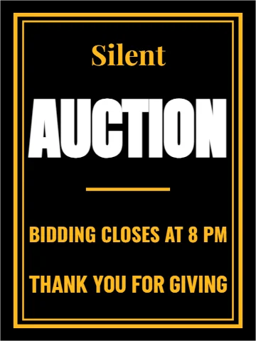 Styrene sign template, silent auction, reading "Silent", "AUCTION" and "THANK YOU FOR GIVING", in black