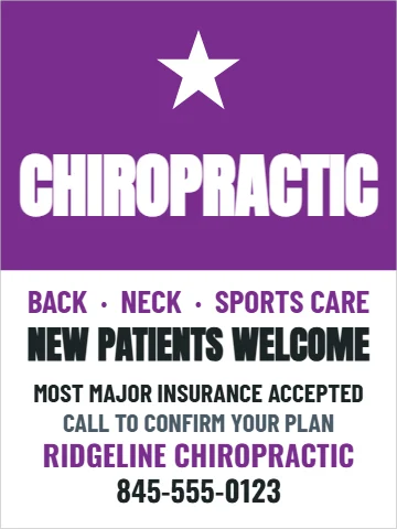 Styrene sign template, chiropractic care, reading "CHIROPRACTIC", "NEW PATIENTS WELCOME" and "845-555-0123", in purple and white