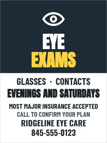 Styrene sign template, eye exams, reading "EYE", "EXAMS" and "GLASSES · CONTACTS", in navy and white