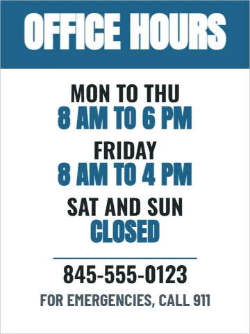 Styrene sign template, office hours, reading "OFFICE HOURS", "8 AM TO 6 PM" and "8 AM TO 4 PM", in steel blue and white
