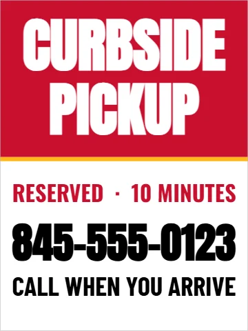 Styrene sign template, curbside pickup, reading "CURBSIDE", "PICKUP" and "845-555-0123", in red and white