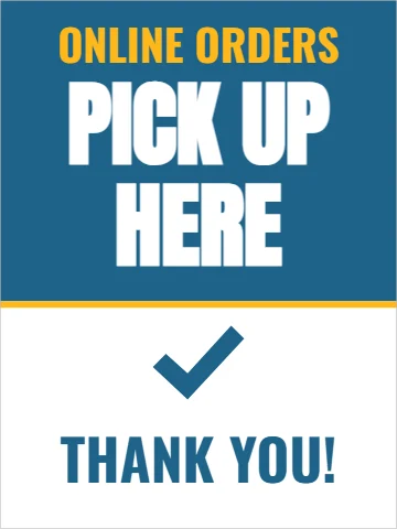 Styrene sign template, online orders pick up here, reading "PICK UP", "HERE" and "THANK YOU!", in steel blue and white