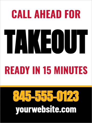 Styrene sign template, takeout, call ahead, reading "CALL AHEAD FOR", "TAKEOUT" and "845-555-0123", in black and white