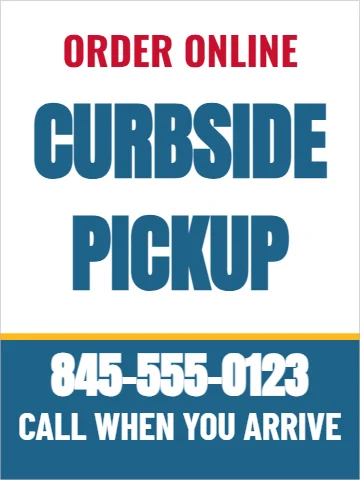 Styrene sign template, curbside pickup, order online, reading "CURBSIDE", "PICKUP" and "845-555-0123", in steel blue and white
