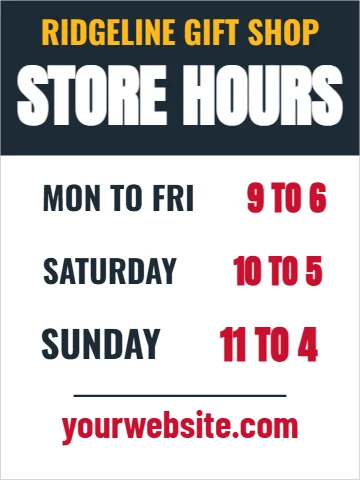 Styrene sign template, store hours, reading "STORE HOURS", "SUNDAY" and "yourwebsite.com", in navy and white