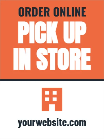 Styrene sign template, pick up in store, reading "ORDER ONLINE", "PICK UP" and "IN STORE", in coral and white