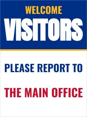 Styrene sign template, visitors report to the office, reading "WELCOME", "VISITORS" and "THE MAIN OFFICE", in blue and white