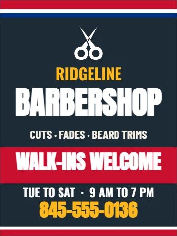 Styrene sign template, barbershop, reading "BARBERSHOP", "WALK-INS WELCOME" and "845-555-0136", in red and navy