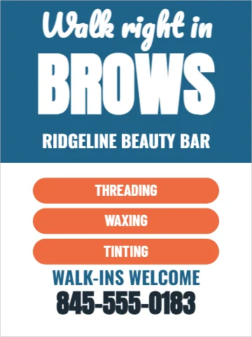 Styrene sign template, waxing and threading, reading "Walk right in", "BROWS" and "845-555-0183", in steel blue and white