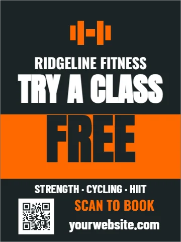 Styrene sign template, gym, try a class free, reading "RIDGELINE FITNESS", "TRY A CLASS" and "FREE", in orange and charcoal, with a QR code