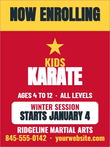 Styrene sign template, kids martial arts, now enrolling, reading "NOW ENROLLING", "KIDS" and "KARATE", in yellow and red