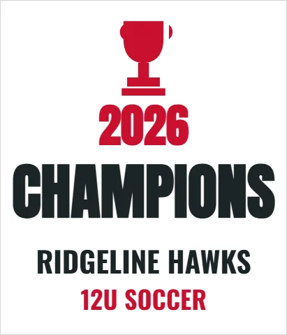 T-shirt template, champions, reading "2026", "CHAMPIONS" and "RIDGELINE HAWKS", in white