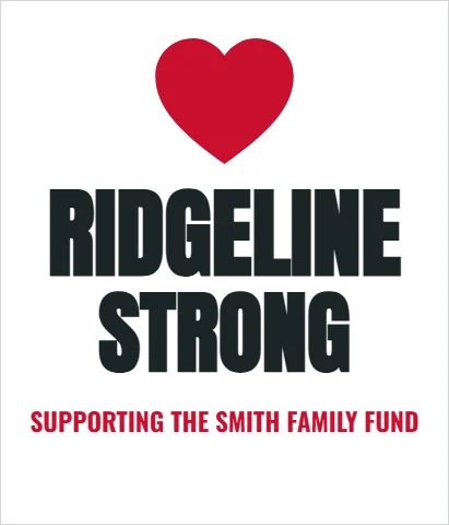 T-shirt template, cause shirt, heart, reading "RIDGELINE", "STRONG" and "SUPPORTING THE SMITH FAMILY FUND", in white