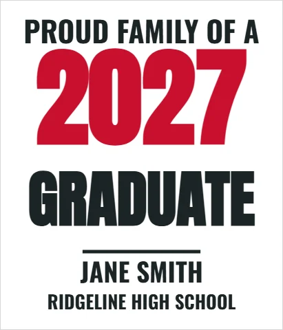 T-shirt template, proud family of a graduate, reading "2027", "GRADUATE" and "JANE SMITH", in white