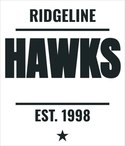 T-shirt template, varsity block letters, reading "RIDGELINE", "HAWKS" and "EST. 1998", in white