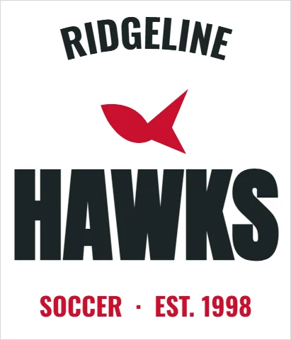T-shirt template, team name over a mascot, reading "RIDGELINE", "HAWKS" and "SOCCER · EST. 1998", in white