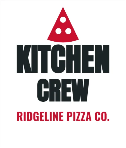 T-shirt template, kitchen crew, reading "KITCHEN", "CREW" and "RIDGELINE PIZZA CO.", in white