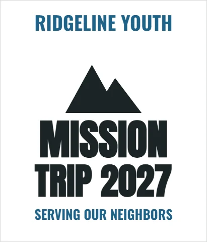T-shirt template, mission trip, reading "RIDGELINE YOUTH", "MISSION" and "TRIP 2027", in white