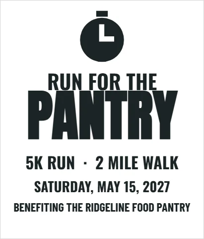 T-shirt template, charity 5K with a stopwatch, reading "RUN FOR THE", "PANTRY" and "5K RUN · 2 MILE WALK", in white