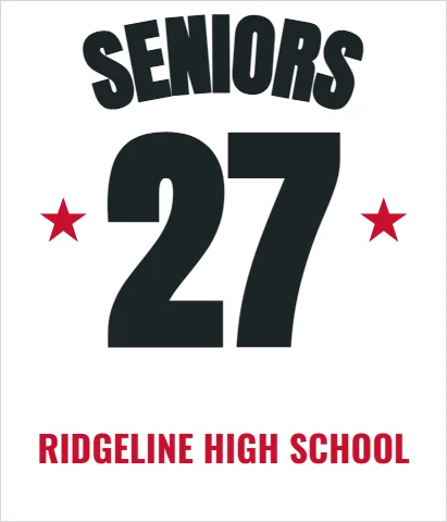 T-shirt template, seniors, arched, reading "SENIORS", "27" and "RIDGELINE HIGH SCHOOL", in white