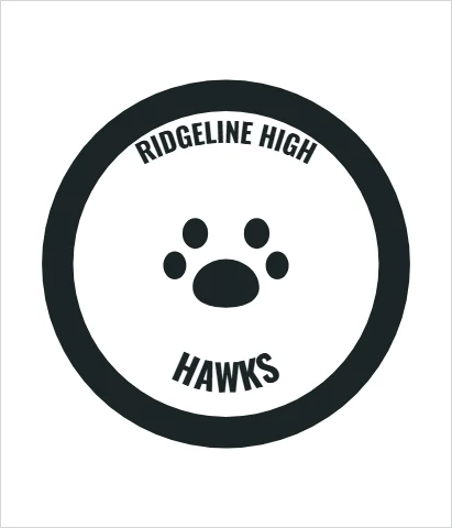 T-shirt template, school spirit badge, reading "RIDGELINE HIGH" and "HAWKS", in white