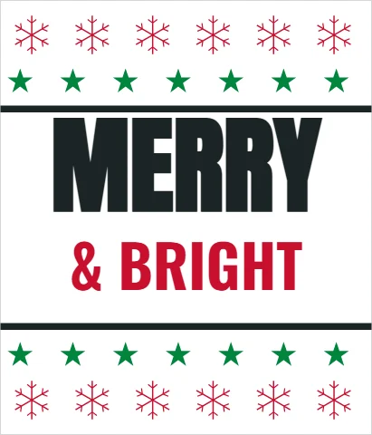 T-shirt template, ugly sweater style, reading "MERRY" and "& BRIGHT", in white