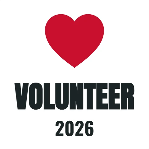 T-shirt template, chest: volunteer heart, embroidered, reading "VOLUNTEER" and "2026", in white