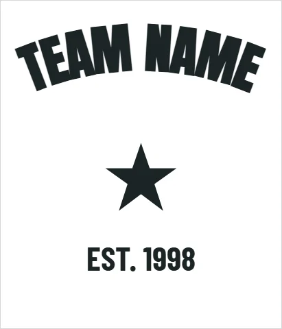 T-shirt template, arched name, reading "TEAM NAME" and "EST. 1998", in white