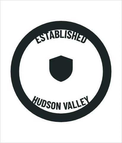 T-shirt template, badge, reading "ESTABLISHED" and "HUDSON VALLEY", in white
