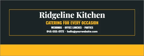 Table cover template, catering, black and gold, reading "Ridgeline Kitchen", "CATERING FOR EVERY OCCASION" and "WEDDINGS · OFFICE LUNCHES ·…", in gold and charcoal